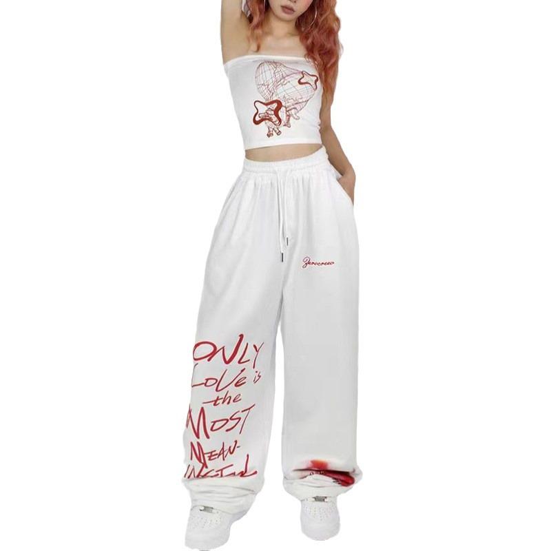 Women's Black & White Korean Street Dance Hip-Hop Drawstring Pants