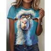 Women's Crew Neck Short Sleeve T-Shirt, Watercolor Wind Wearing Christmas Hat Happy Lamb Print Casual Christmas Day Top