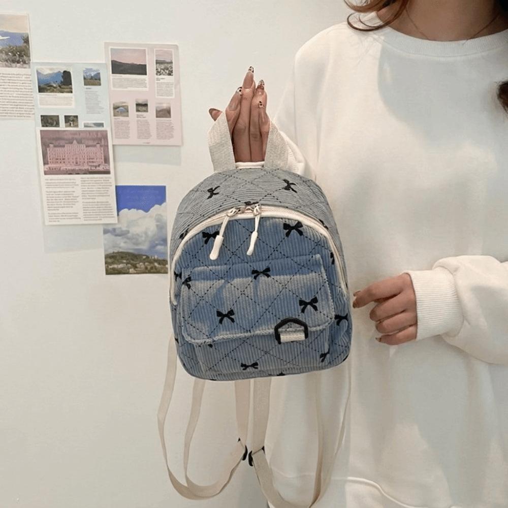Corduroy Shoulder Bag Bowknot Printed Bow Rucksack Casual Mini Backpack  Teen Girls
