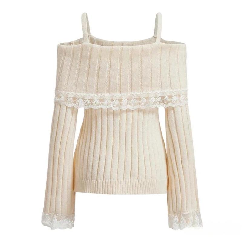 Sweater for Women Pullover Warm Knitted Lace-trimmed Off-the-shoulder Halter Top Long Sleeve Oversize Jumper Sweater Tops