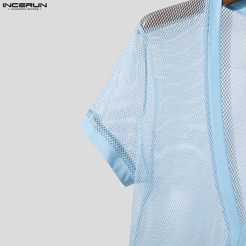 INCERUN Summer Men V Neck Short Sleeve Mesh See Through Hollow T-shirts Tops
