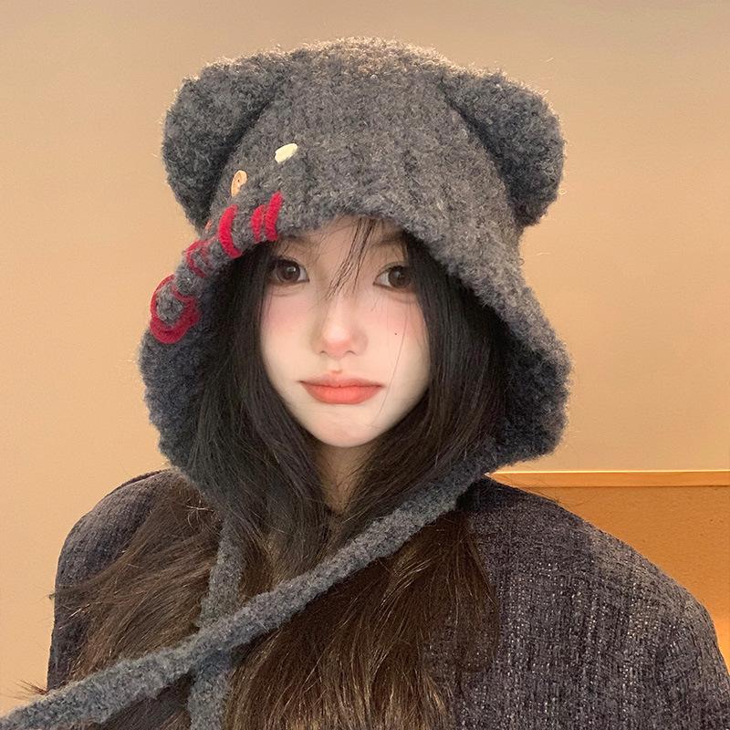 Sweet and Cute Button Bear Ear Hat for Women, Warm and Cold In Autumn and Winter, Small Ear Protector Wool Hat for Showing the Face