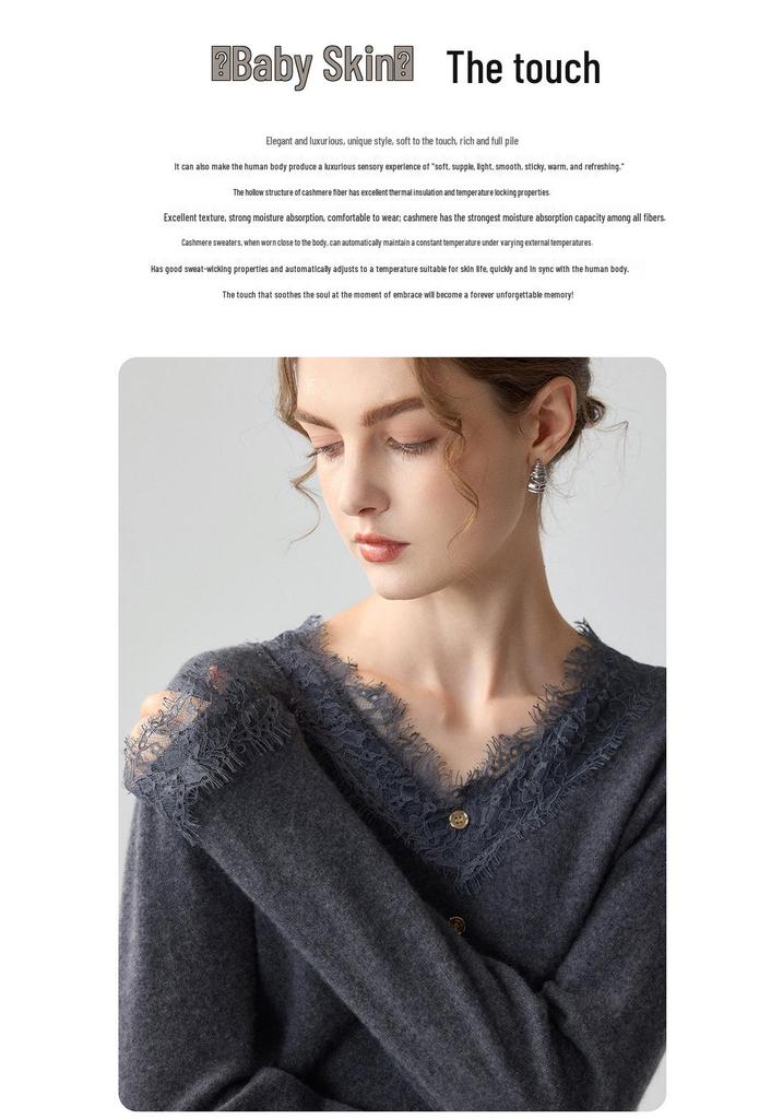 Lekasha Women's Cashmere Knitted Lace Sweater with Loose Elegant Collar
