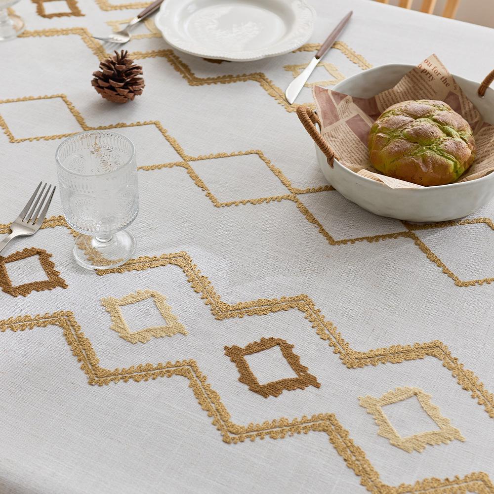 High-grade Embroidered Dining Table Cloth, Coffee Table Cotton and Linen Wind Fabric, Geometric Pattern French Embroidery, High-grade New Tablecloth