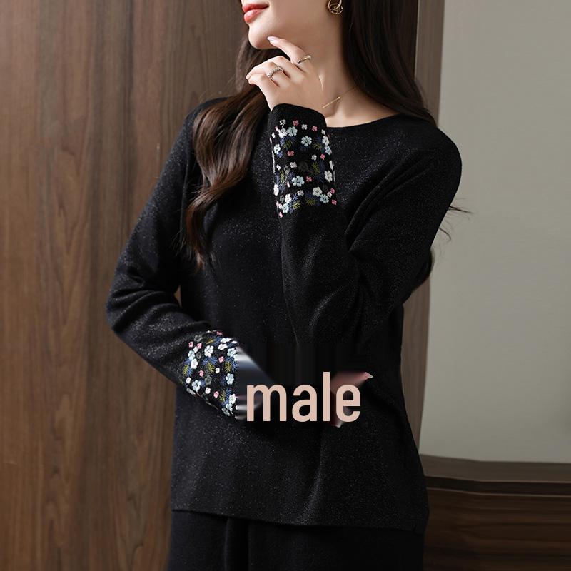 

Женский свитер из мериносовой шерсти с люрексом и вышивкой - китайский стиль, колор-блок L (55-64 kg) чёрный