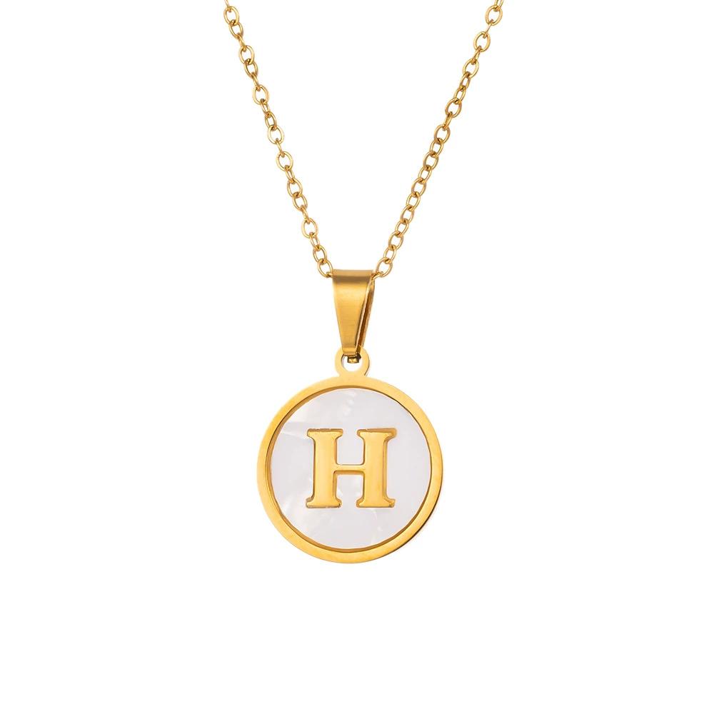 Round Gold Color 26 Letter Necklaces Alphabet Shell Pendant Necklace for Women Men Stainless Steel Chain Jewelry 1PC