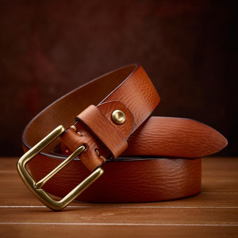 Men's Handmade Belt Retro Casual Versatile Belt Copper Buckle Belt First Layer Real Cowhide Belt