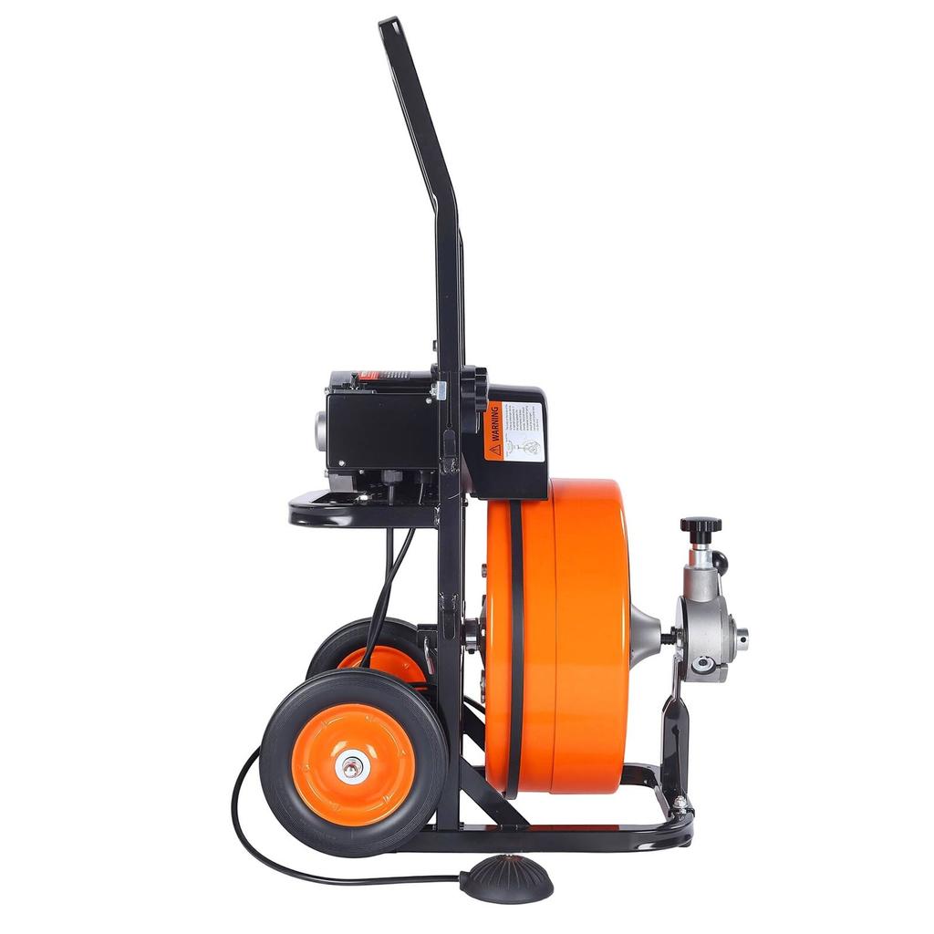 Drain Cleaner Machine 30m x 9.5mm, Auto Feed Sewer Snake Auger on Wheels, Portable Drain Cleaning Machine with 4 Cutters & Air-activated Foot Switch
