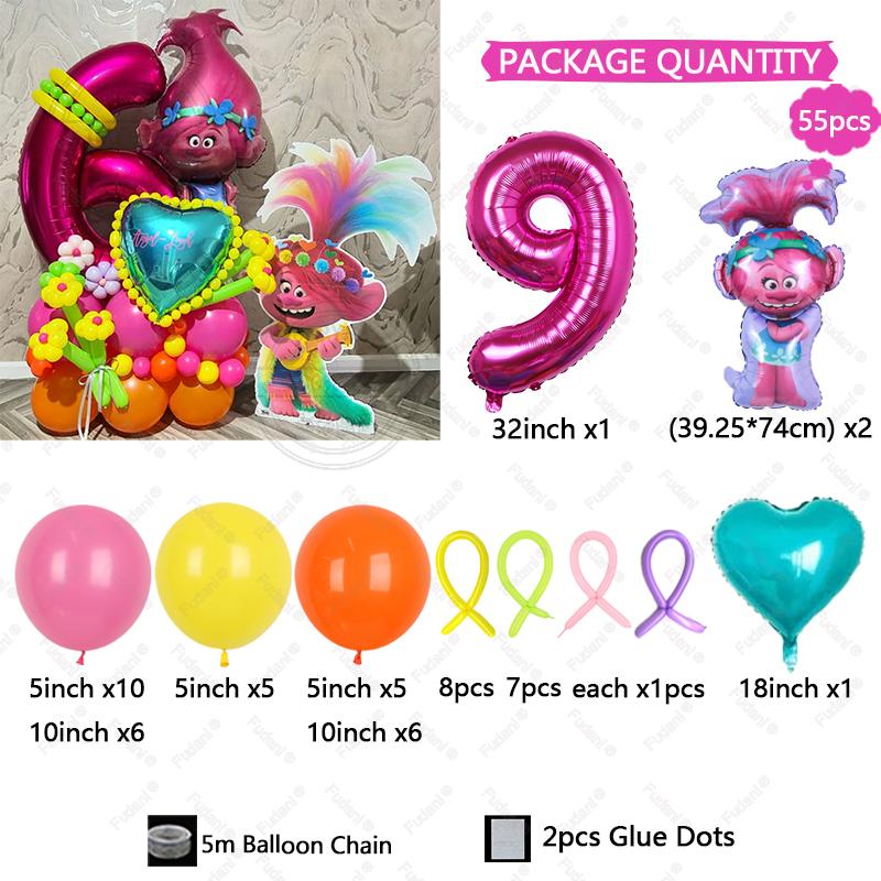 55pcs Troll Foil Helium Balloons Kit Birthday Magic Hair Theme Party Decorat Baby Shower Kids Toys Supplies Air Globlos Balloon