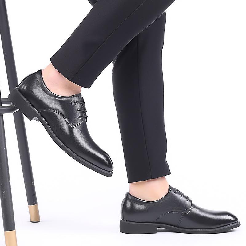 Large Size Leather Shoes Men's Genuine Leather Business Dress Pointed Trend Black Groom Wedding Shoes Men's 2025 Height Increase