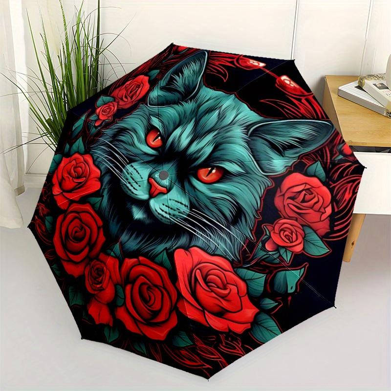 1pc Cat Roses Design Automatic Open/close Folding Umbrella, Compact Portable Travel Umbrella, Perfect Birthday/Christmas, Cute Umbrella, Dur