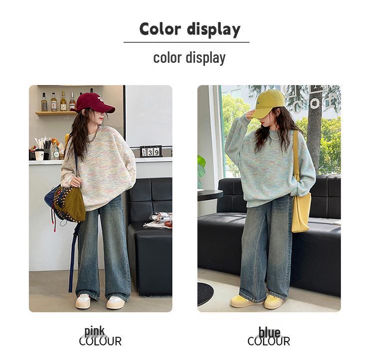Girls' Stylish Round Neck Sweater & Jeans Set - 2024 Spring/Autumn Collection, Medium & Large Children's Two-Piece Outfit