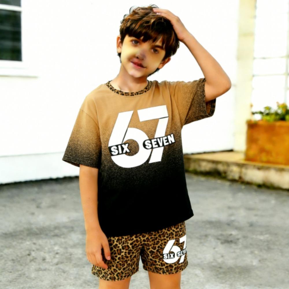 Fashion 67 Leopard Colorful Gradient Printed Men s T-shirt and Shorts 2 Piece Set Summer Casual Outfit for Men s and Women s Clothing Top XXS