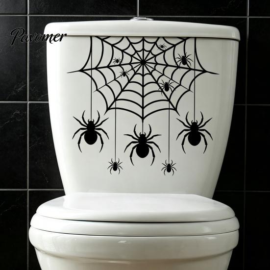 Indoor Party Atmosphere Props Halloween Spider Web Toilet Seat Sticker, Self-Adhesive Black Spiders Lid Moisture Proof Ceramic Tile Decals Decal,