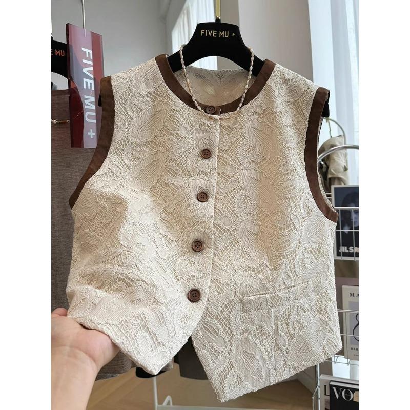 Women Lace Sleeveless Round Neck Single Breasted Vest Top