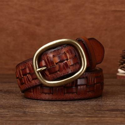Men's Hand-woven Leather Belt Personalized Non-punching Copper Buckle Tactical Trendy Casual Belt