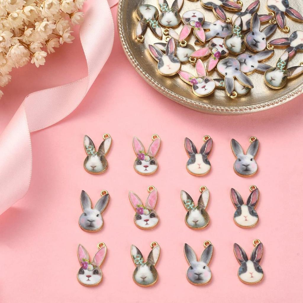 KitBeads 40pcs Enamel Rabbit Charms Mixed Styles Easter Bunny Charms Flower Printed Animal Bunny Rabbit Charms for Jewelry Making Bulk