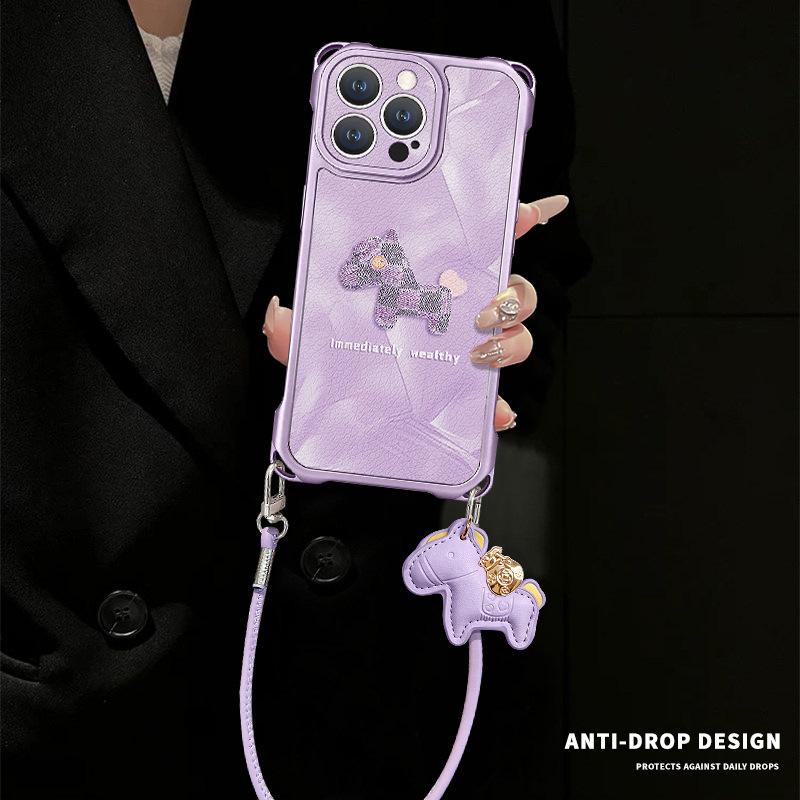 Purple pony applies to iphone17promax iPhone 13 mobile phone case 15 four-corner lanyard 16 crossbody 14 silicone