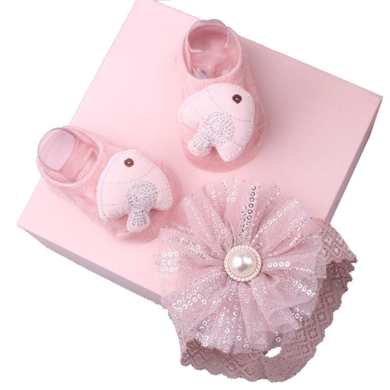 Lace Headband & Socks for Baby Unisex Boy Girl Elastic Headdress Anti-Skid Floor Socks Gender Neutral Heads Accessories