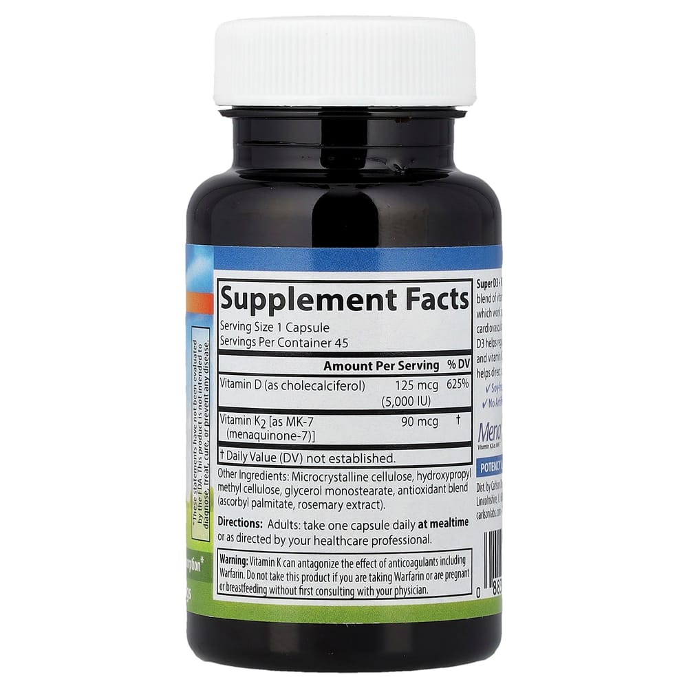 Carlson Labs Super D3 + K2 Veggie Capsules, 45 Count