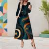 Women Plus Size V Neck Long Sleeve Colorful Printed Pockets A Line Midi Dress