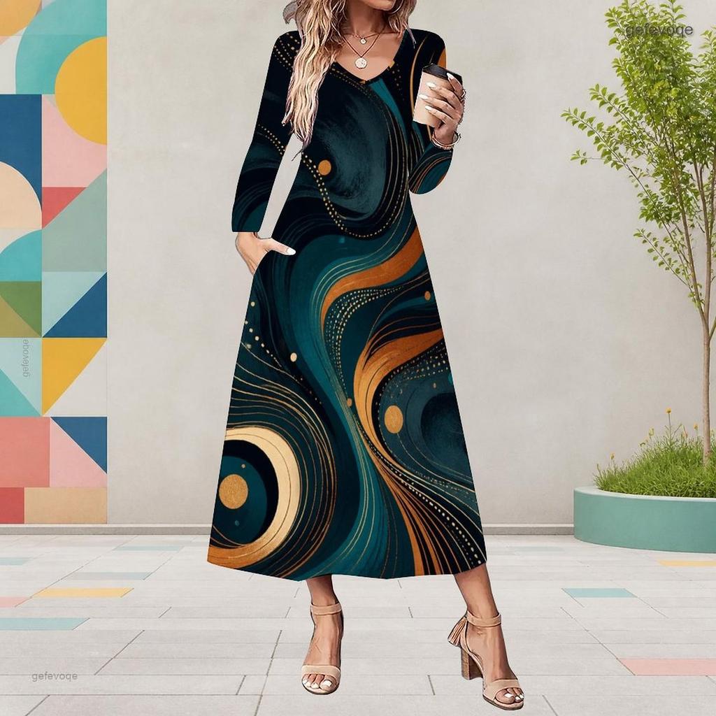 Women Plus Size V Neck Long Sleeve Colorful Printed Pockets A Line Midi Dress