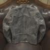 Men's Khaki Distressed Leather Jacket with Stand Collar and Multi-Pocket Design