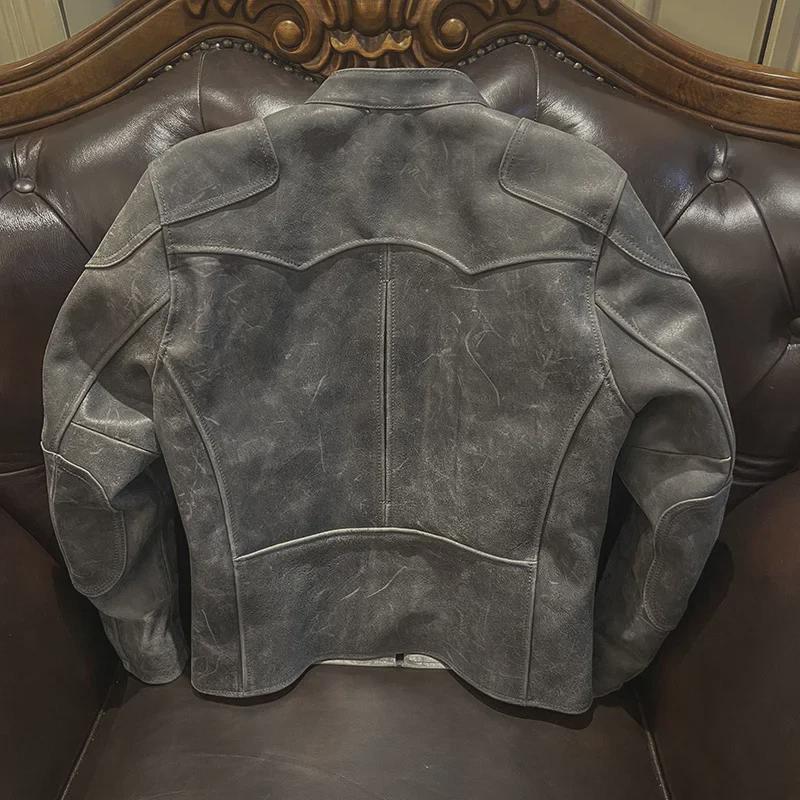 Men's Khaki Distressed Leather Jacket with Stand Collar and Multi-Pocket Design