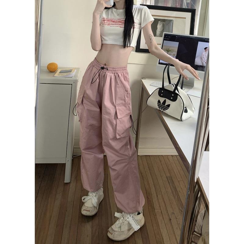 Men's and Women's Multi-pocket Overalls Couple Loose Tied Feet Solid Color Drawstring Casual Long Pants
