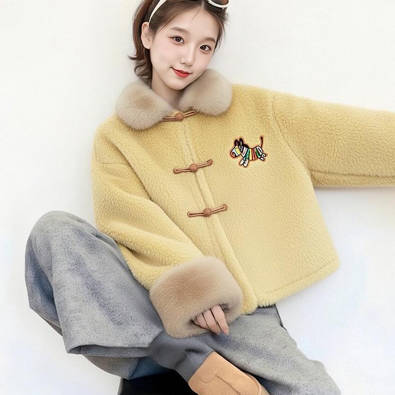 Women's Yellow Fox Fur-Lined Plush Lapel Coat - High-End, Eco-Friendly, Oversized Winter Style