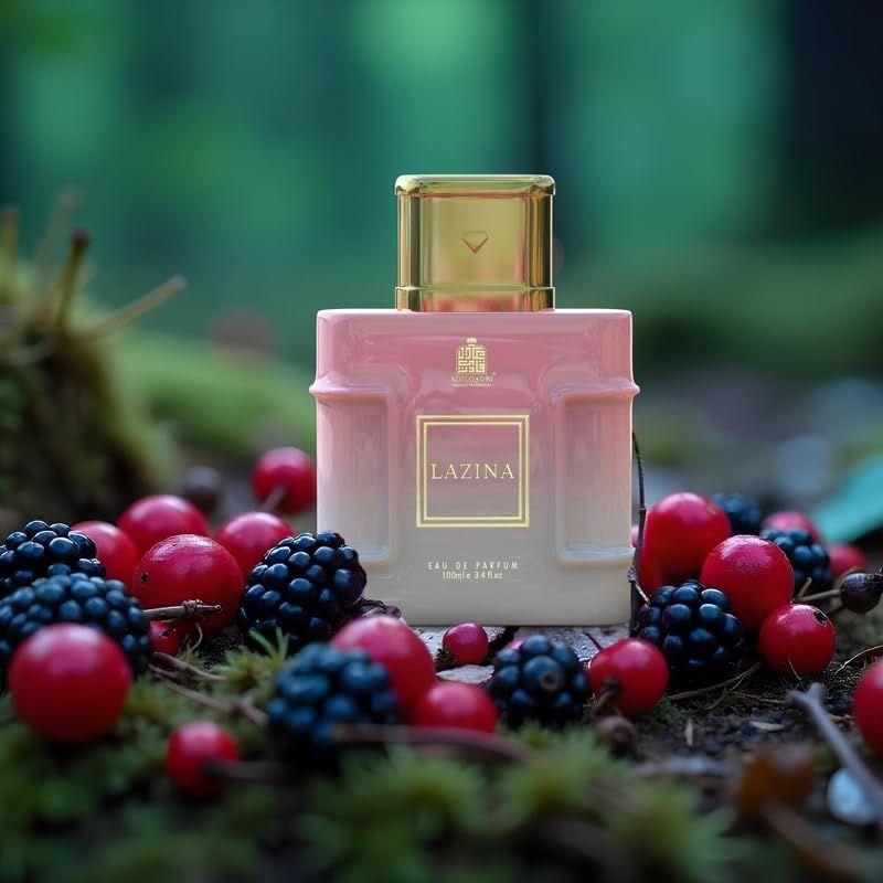 Adilqadri Lazina Parfém pro muže a ženy | Dlouhotrvající Eau De Parfum pro muže a ženy | Ovocná, květinová a dřevitá vůně s tóny jantaru a pižma