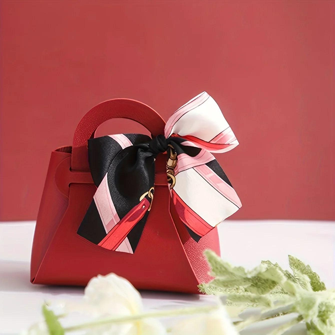 1pc-European Style Creative Wedding Candy Box, Leather Hand-held Candy Bag, Wedding Souvenirs, Gift Candy Packaging 13x12x5.5cm красный