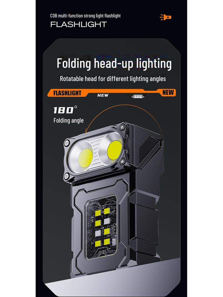Super Bright Portable LED Flashlight with COB Side Light, Long-lasting Battery, and Warning Light for Outdoor and Work Lighting