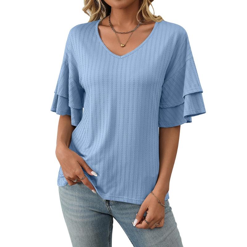 Women's Solid Color V-Neck Lotus Leaf Sleeve Short Sleeve T-Shirt Top Women