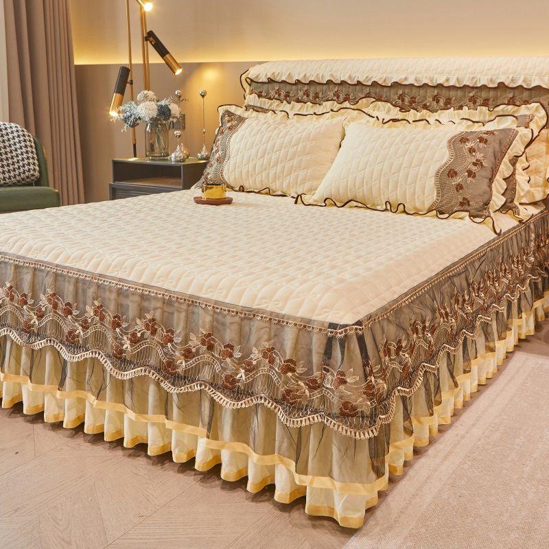 Sada vintage stylu volánu na postel a povlaků na polštáře - 3dílná vyšívaná krajková ozdoba, zesílená prošívaná ložní souprava, pratelná v pračce, celoroční pohodlí pro domov