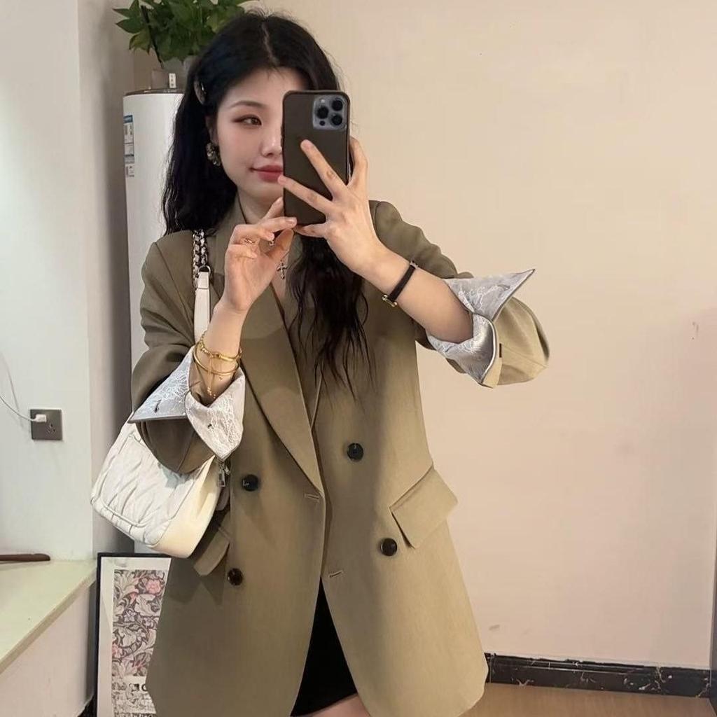 Trendy Spliced Blazer Spring Autumn Korean Style Loose Casual Suit Jacket Women Lace Trim Fashion Office Wear