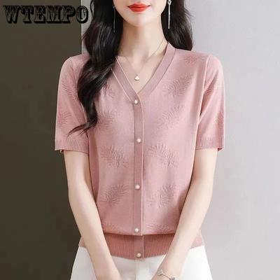 Solid Color Mother's Knitted Summer Top New Ice Silk Thin Short Sleeved Knitted T-shirt Stylish Small Shirt