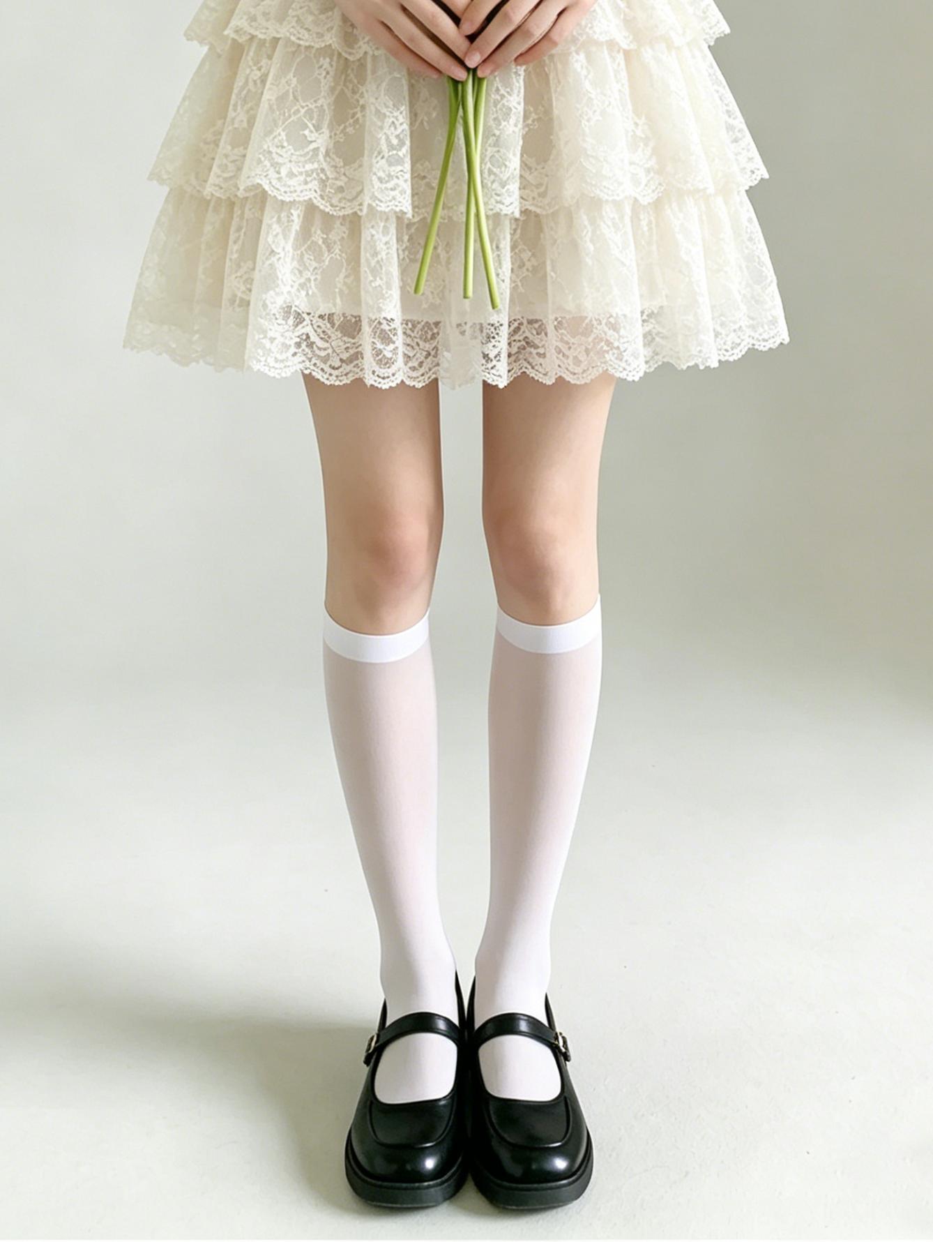 

1/2 Pairs Women Black White Knee High Socks Uniform Style Solid Color Calf Socks 35-39