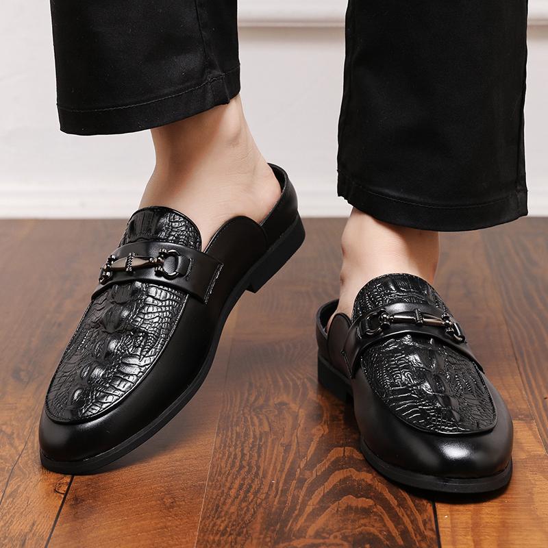 2024 Brand Men Shoe Summer Casual Flat Shoes Black Crocodile Leather Half Shoes Slip-on Slippers Men Comfortable Driving Loafers
