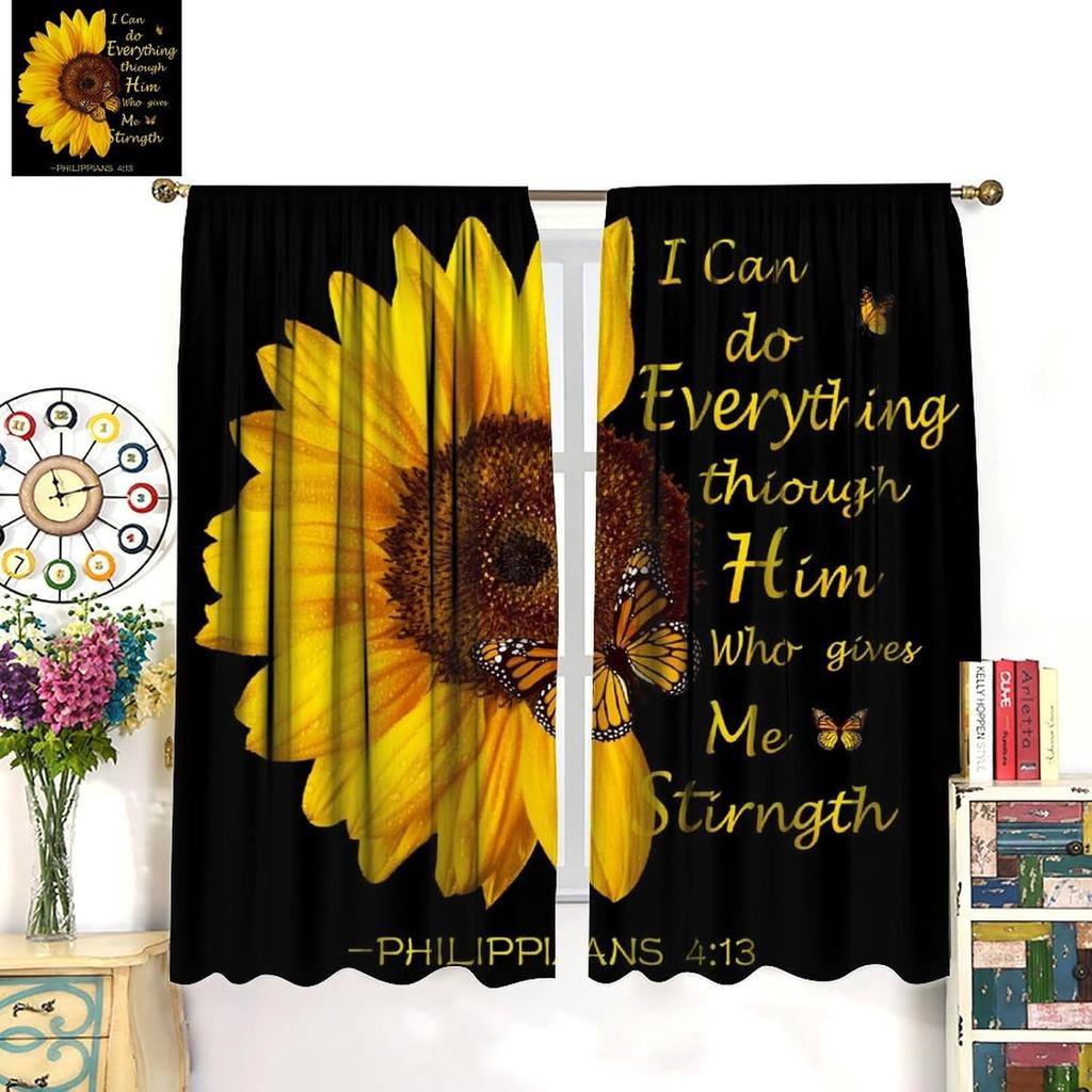 Sunflower Curtains for Kitchen,Black Pithy Rustic Sunshine Beautiful Wonderful Sunflower Plant Flower Butterfly Window Drapes