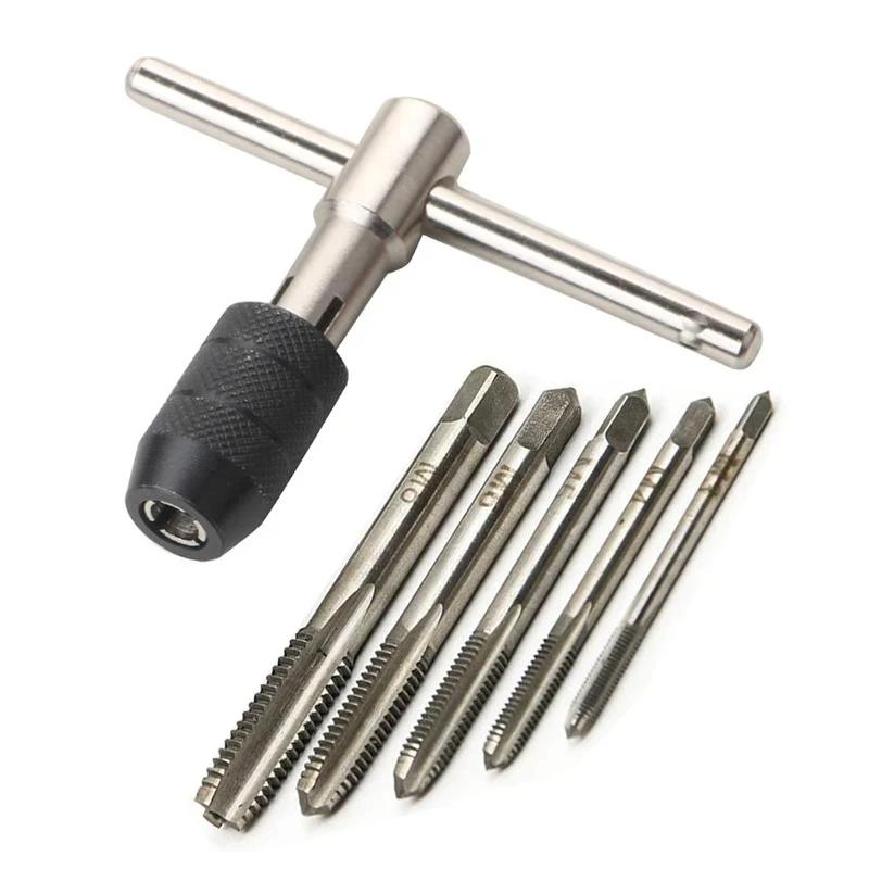 Hand Tap Wrench T-Handle Wrench Hand Tap Reamer Thread Tapping Tool Set Adjustable Machine Screw Thread Tapping Drill Bit M3-M8