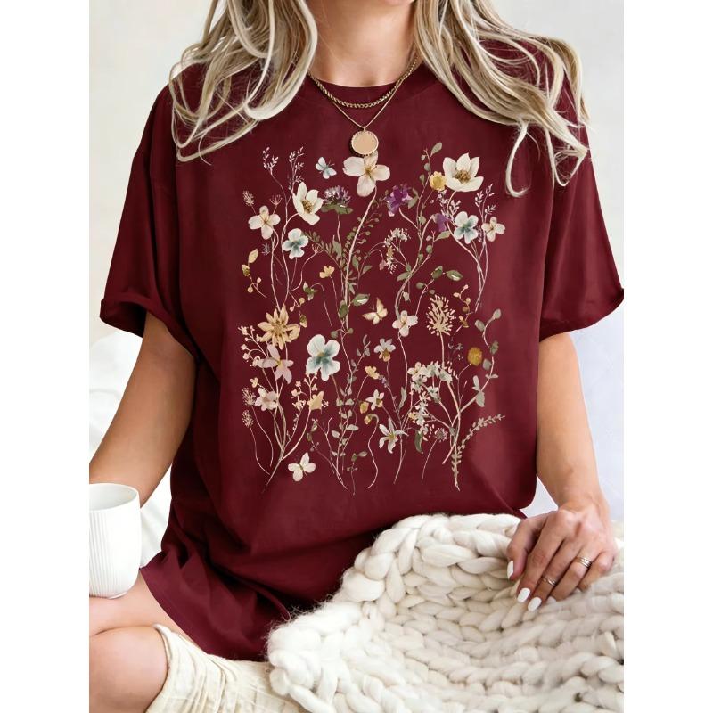 T-shirt da Donna con Stampa di Bellissimi Grappoli di Fiori Estate Oversize Manica Corta Girocollo Magliette in Cotone Y2K Top Sportivi Donna
