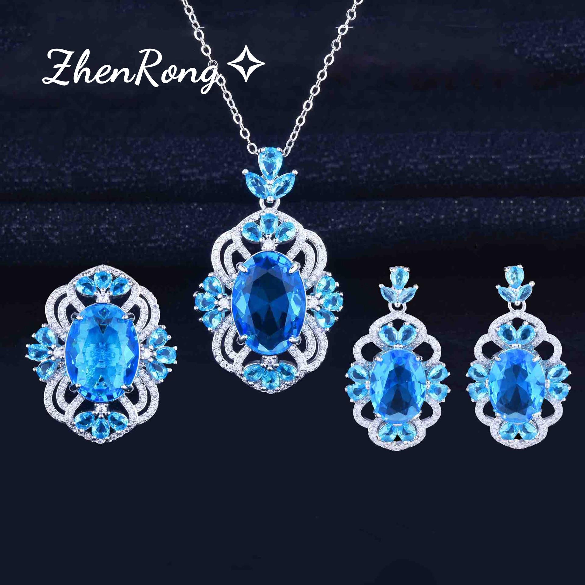 

Foydjew Reykjavik Aesthetics Luxury Banquet Simulation Aquamarine Jewelry Sets Sea Blue Stone Pendant Necklaces Earrings Rings resizable