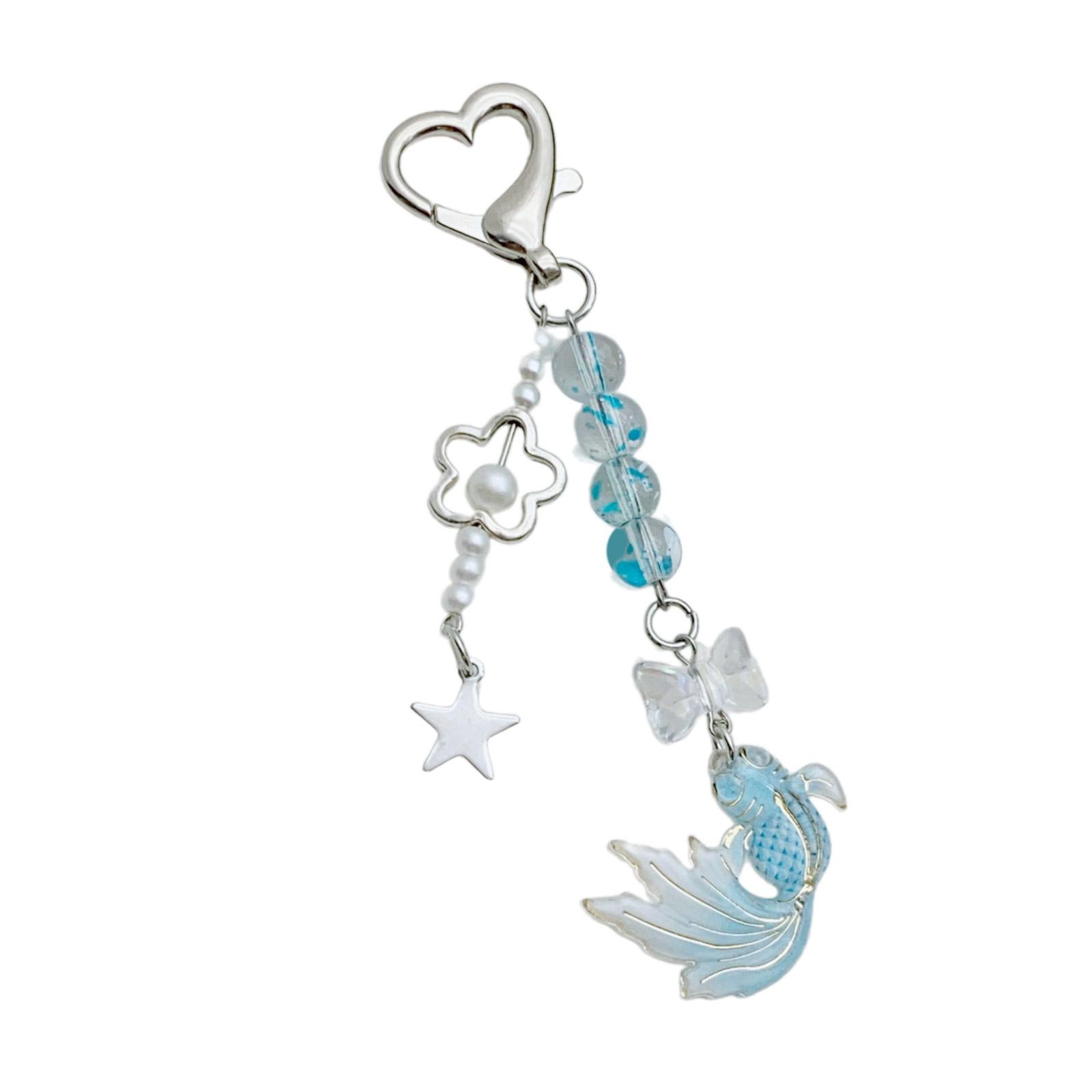 

Брелок-подвеска с золотой рыбкой, бусиной и бантом-звездой, ручной работы, акриловый, модный аксессуар для сумок, рюкзаков синий