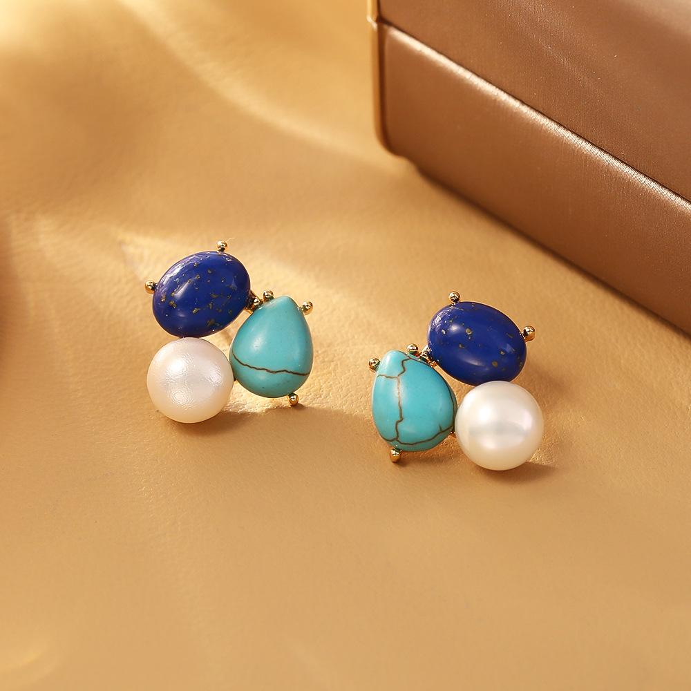 Натуральный Лазурит Геометрические Жемчуг Французский Элегантный Характер Высококачественные Серьги Серебряная Игла для Женщин.
