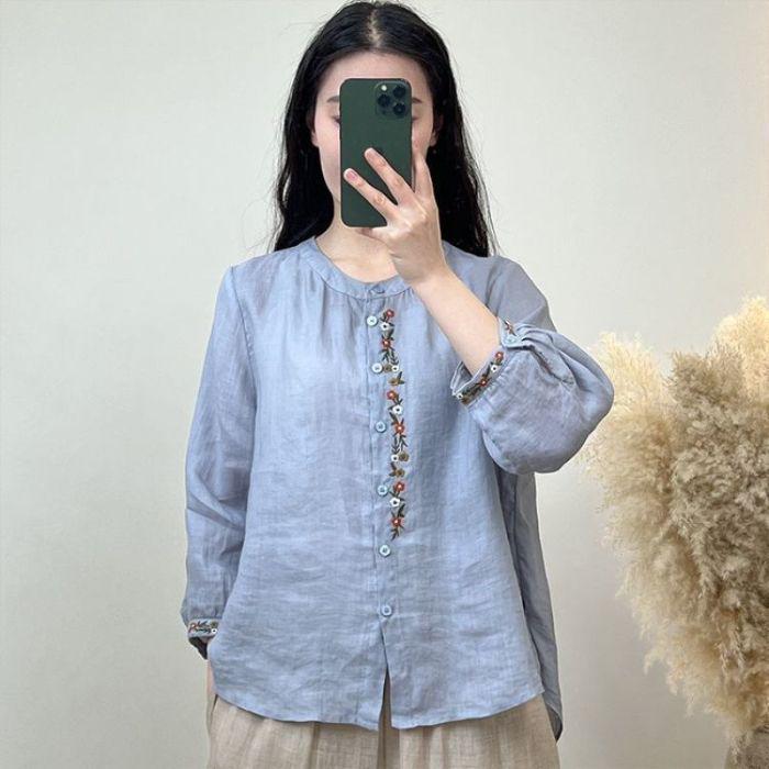 Women's Summer Cotton Linen Embroidered Top - Retro National Style, Light & Versatile