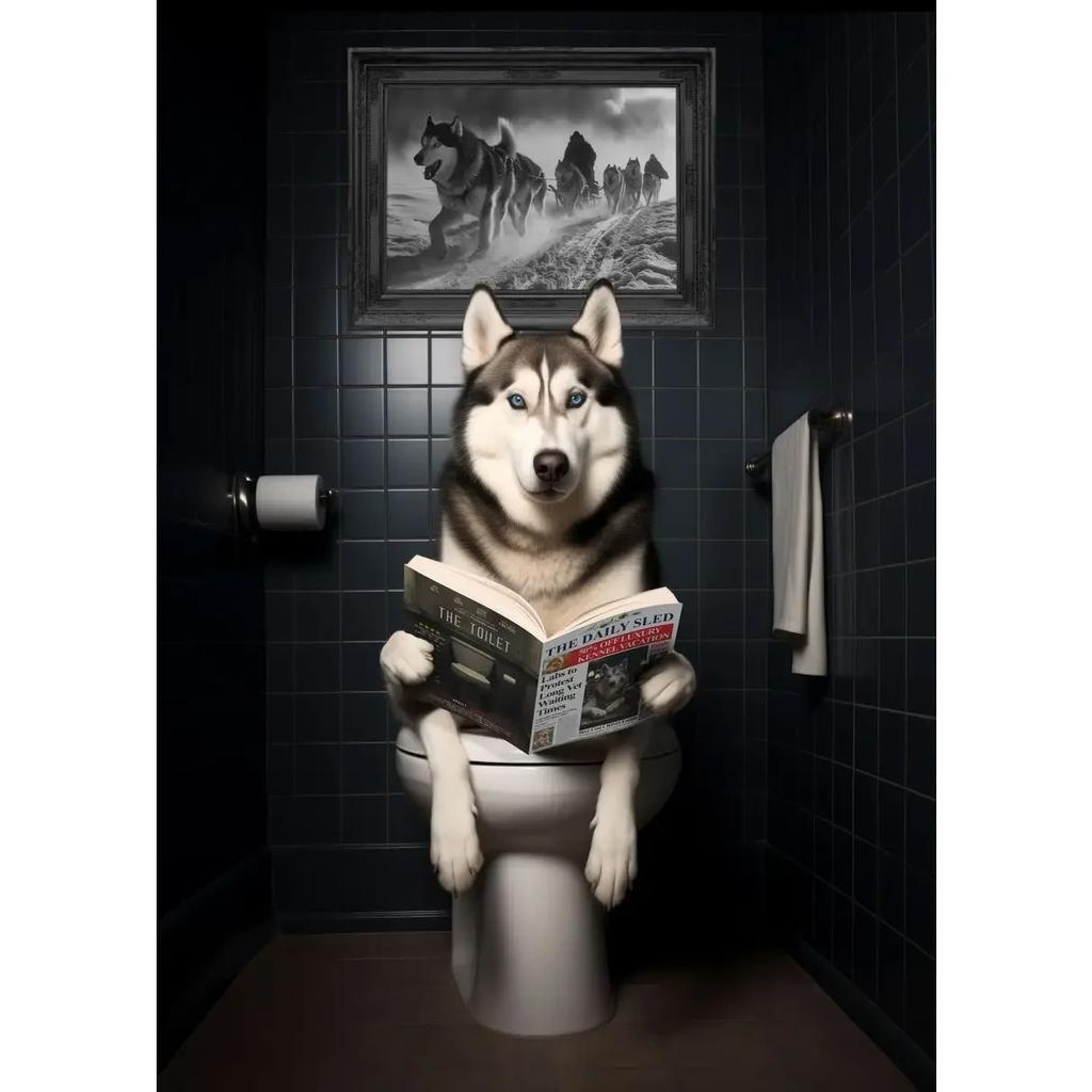 Dog Monkey Highland Cow Sitting on The Toilet Reading Newspaper Poster Animal Print Canvas Painting Funny Bathroom Wall Decor