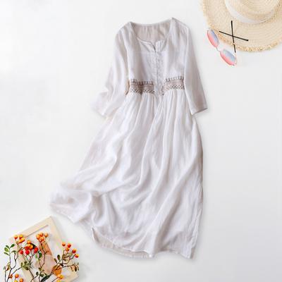 Spring Summer Dress Embroidery Ninth Sleeve Loose Midi Dress Round Neck Lightweight Dress