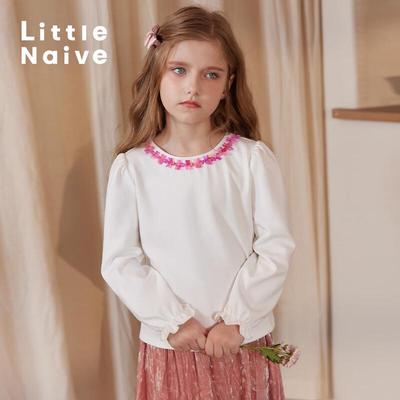 Little Naive Girls' Ruffle Round Neck Long Sleeve Cotton T-shirt