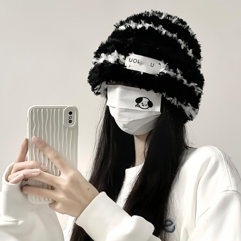 New knitted hat children's winter wool striped plush hat warm thickened large head circumference ear protectors stacking hat
